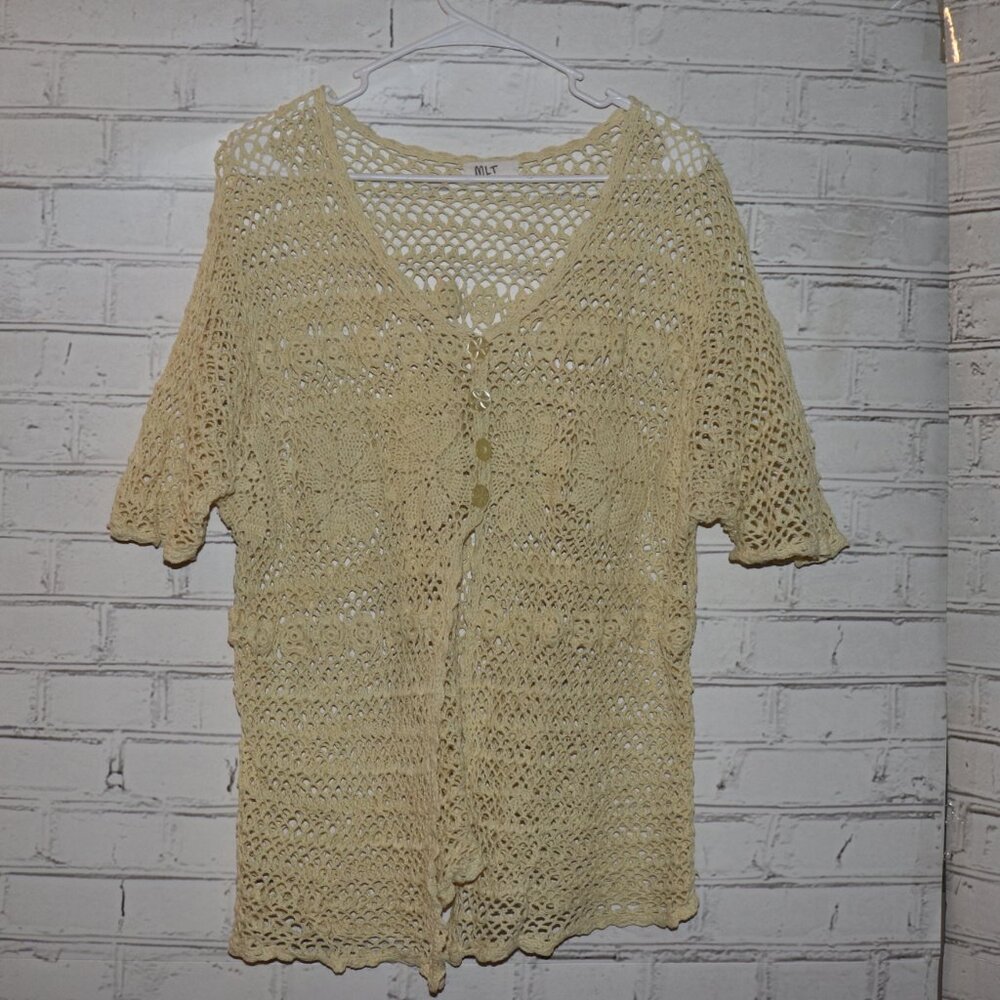 🌼 Vintage Handmade Crochet Cardigan · Women’s Large · Cotton · Button‑Front